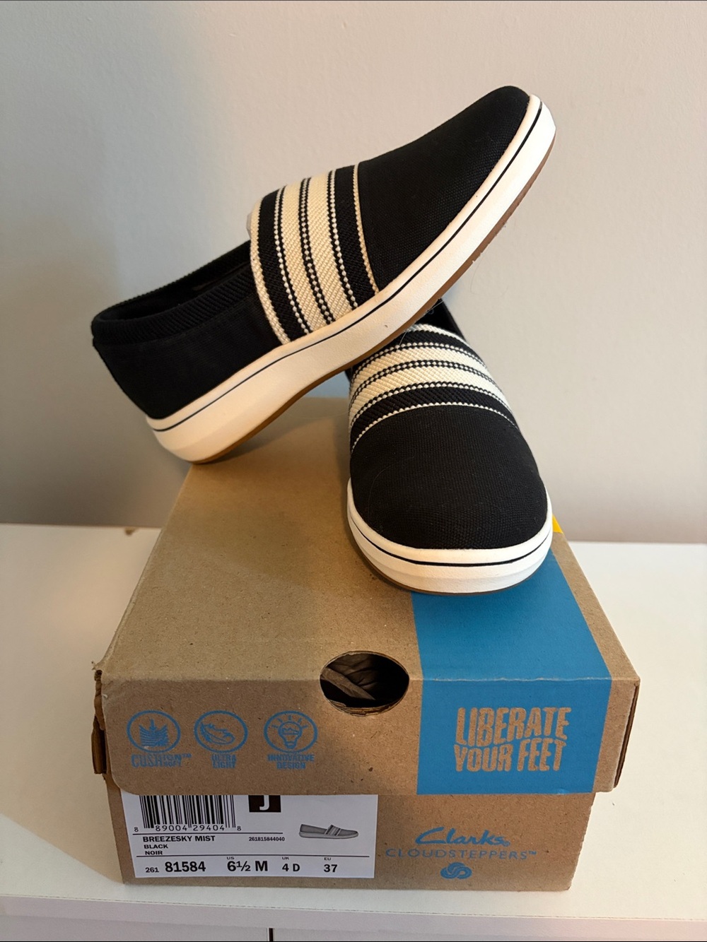 Clarks Black Slip-On Canvas Loafers with Cream Stripes